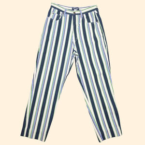 1990s Striped Taper Leg High Rise Jeans ~ Medium ~ Blue Green White